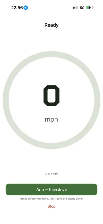 LOF app – brake test speedometer, armed and ready