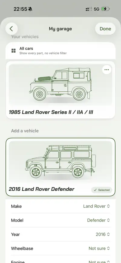 LOF app – My garage with a 1985 Series and a 2016 Defender