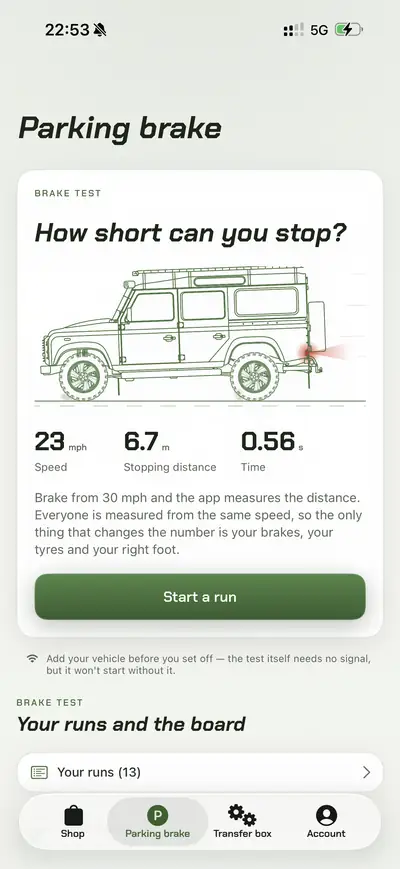 LOF app – parking brake test: 23 mph, 6.7 m stopping distance