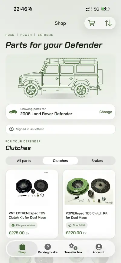 LOF app – shop showing clutch kits that fit a 2016 Defender